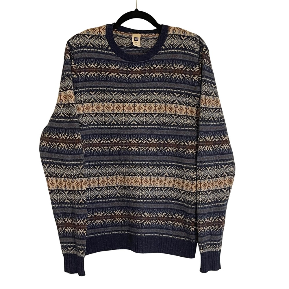 Vintage Gap Mens Fair Isle Wool Blend Crewneck Sweater Blue Nordic Knit‎ Medium